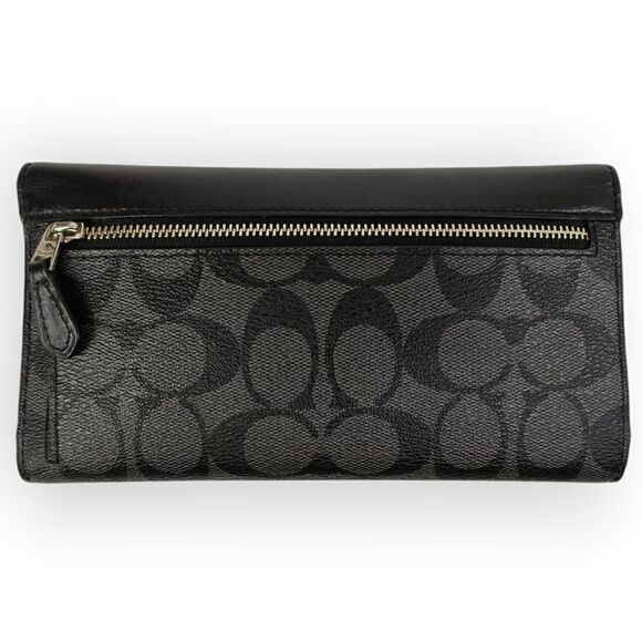 COACH CC LOGO CANVAS BLACK GENUINE LEATHER LONG WALLET PURSE CLUTCH - Picture 4 of 7